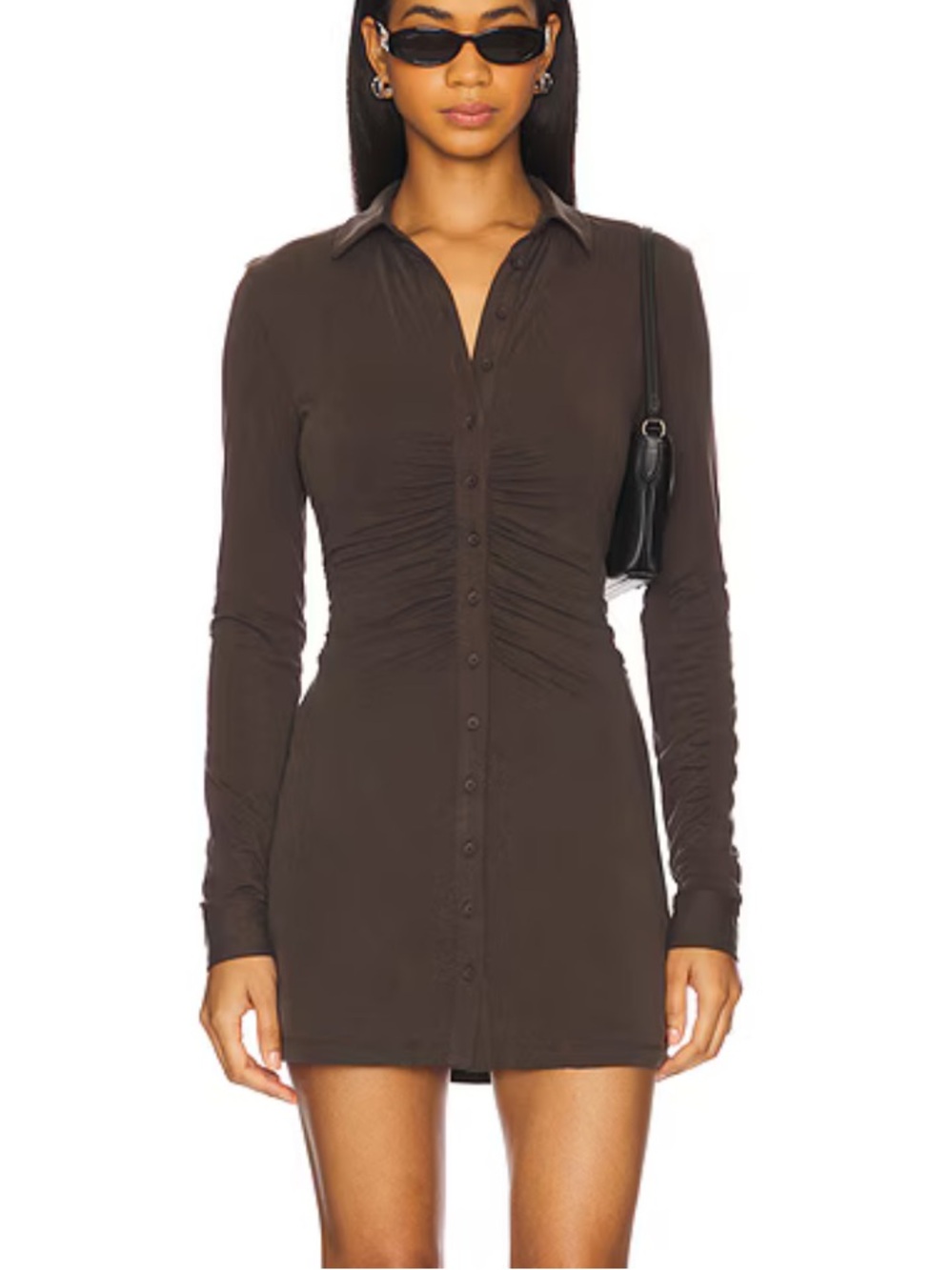 With Jean Brown Long-Sleeve Ruched Mini Shirt Dress